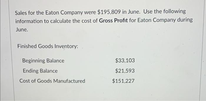 Solved Sales for the Eaton Company were $195,809 in June. | Chegg.com