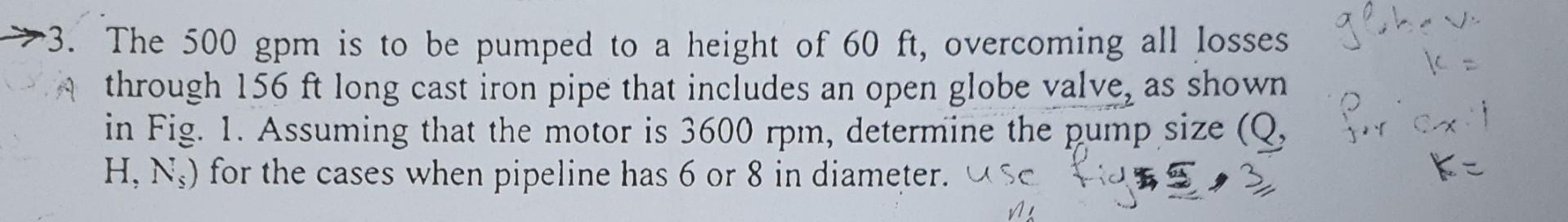 Solved >3. The 500 gpm is to be pumped to a height of 60 ft, | Chegg.com