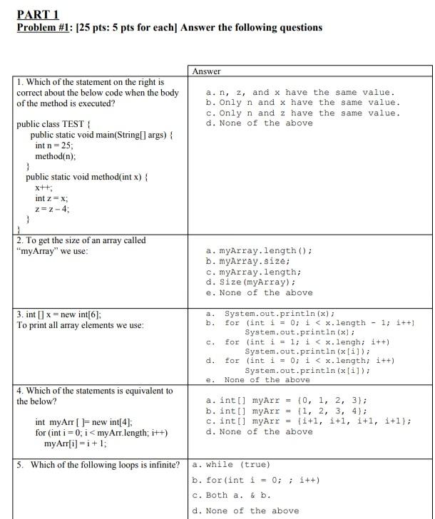 Solved PART 1 Problem #1: [25 Pts: 5 Pts For Each] Answer | Chegg.com