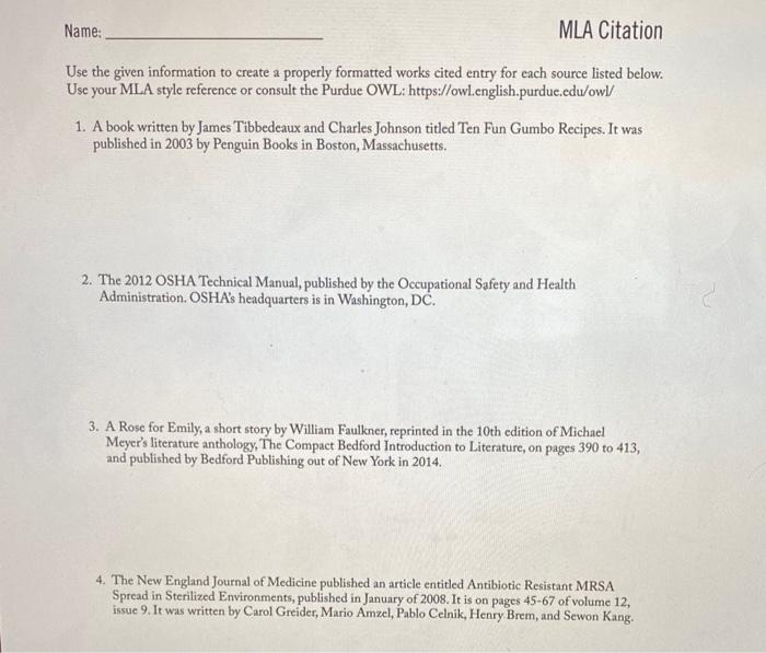 Name: MLA Citation Use the given information to | Chegg.com