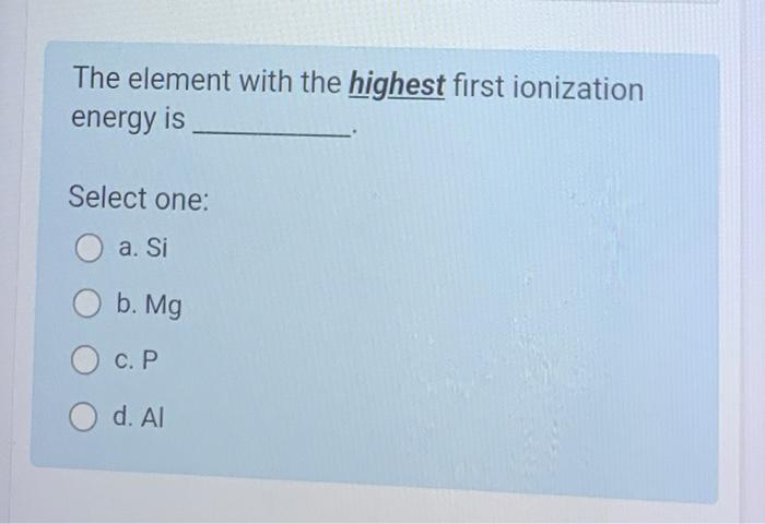 Solved The element with the highest first ionization energy