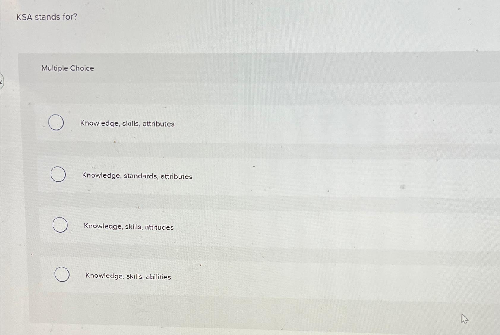 Solved KSA stands for?Multiple ChoiceKnowledge, skills,