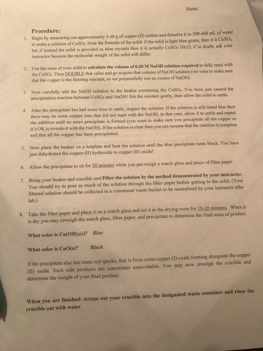 Solved Filter paper Gravimetric Analysis Synthesis of