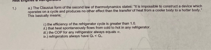 Solved 1.) a.) The Clausius form of the second law of | Chegg.com