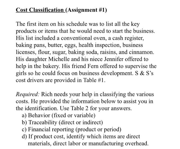 Solved Cost Classification (Assignment #1) The first item on | Chegg.com