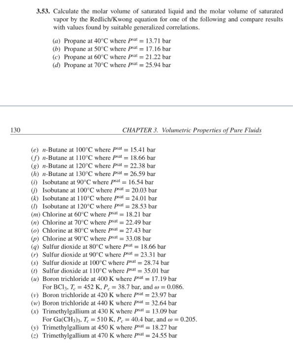 Solved 3.53. Calculate the molar volume of saturated liquid | Chegg.com