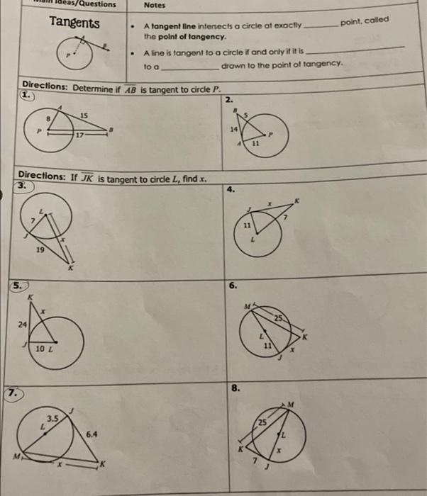 Solved Ideas/Questions Notes Tangents point called A tangent | Chegg.com
