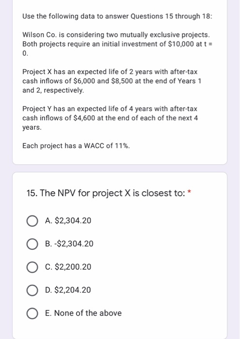 Solved Use the following data to answer Questions 15 through | Chegg.com