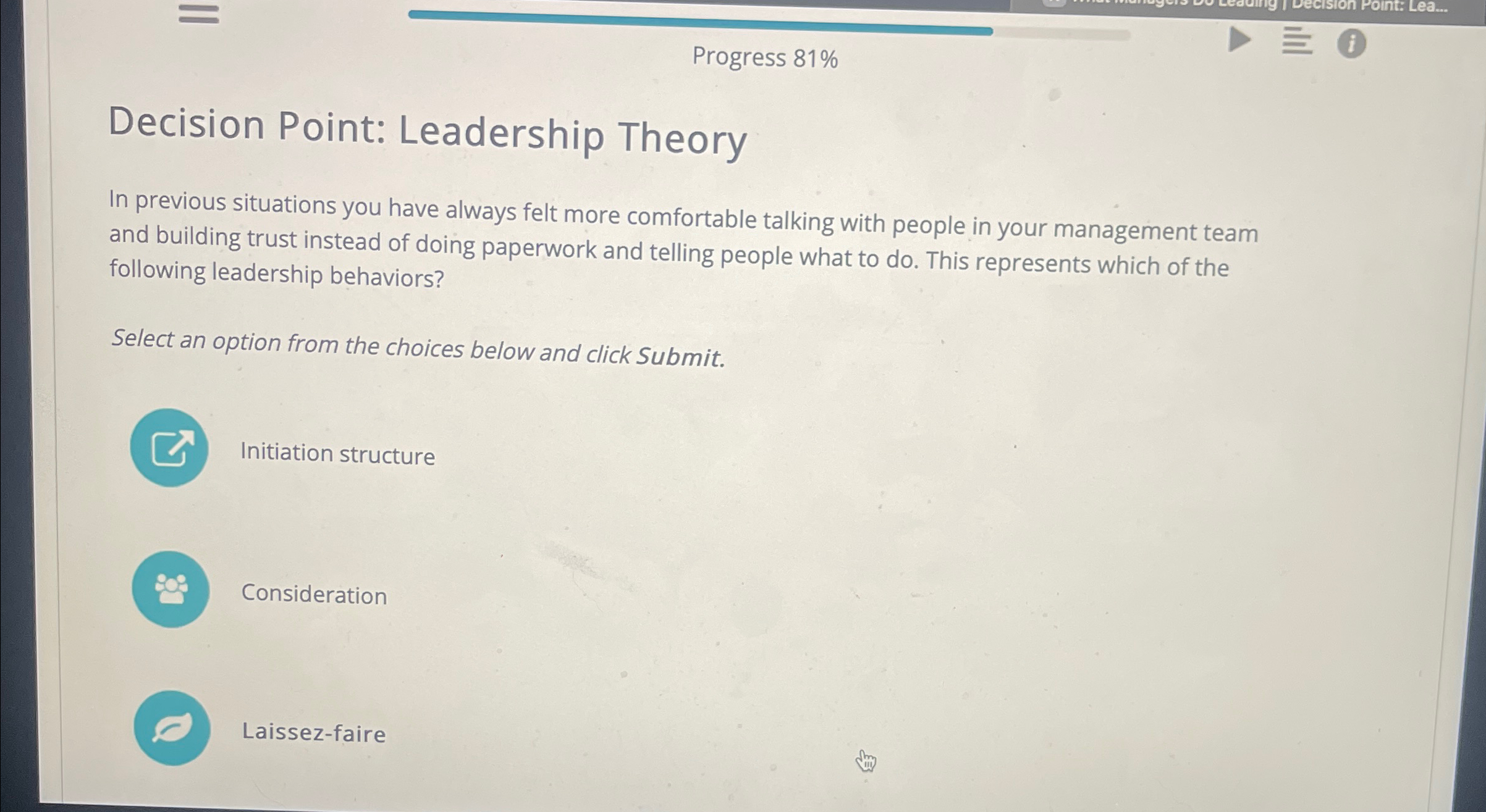 Solved Progress 81%Decision Point: Leadership TheoryIn | Chegg.com