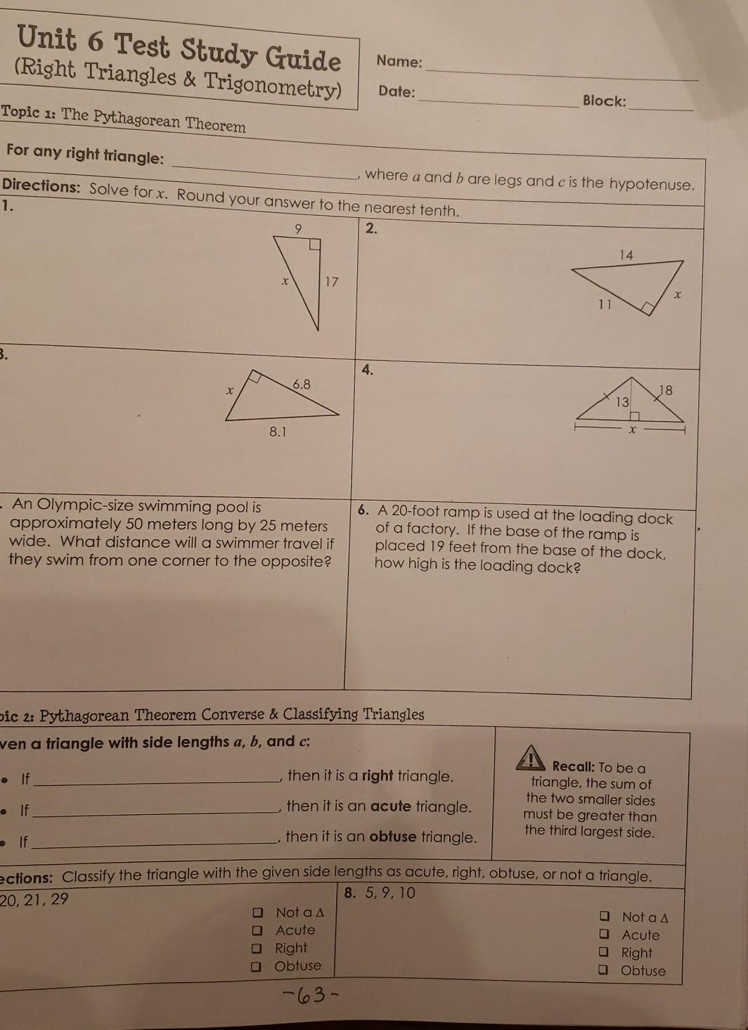 Unit 6 Test Study Guide Right Triangles Chegg Com