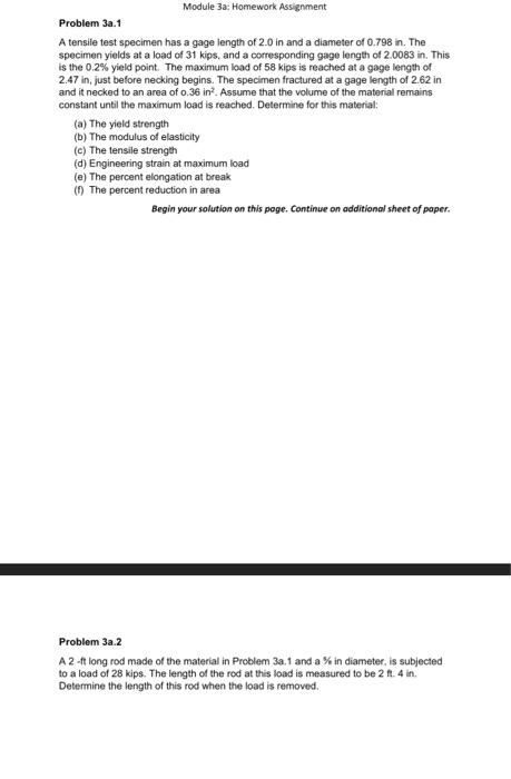 Solved Problem 3a.1 A tensile test specimen has a gage | Chegg.com