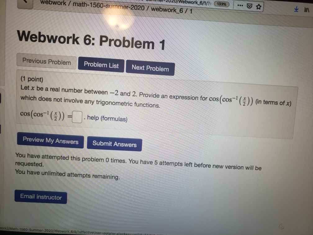 Solved Webwork_6/1/?c 133% webwork / math-1560-summer-2020 / | Chegg.com