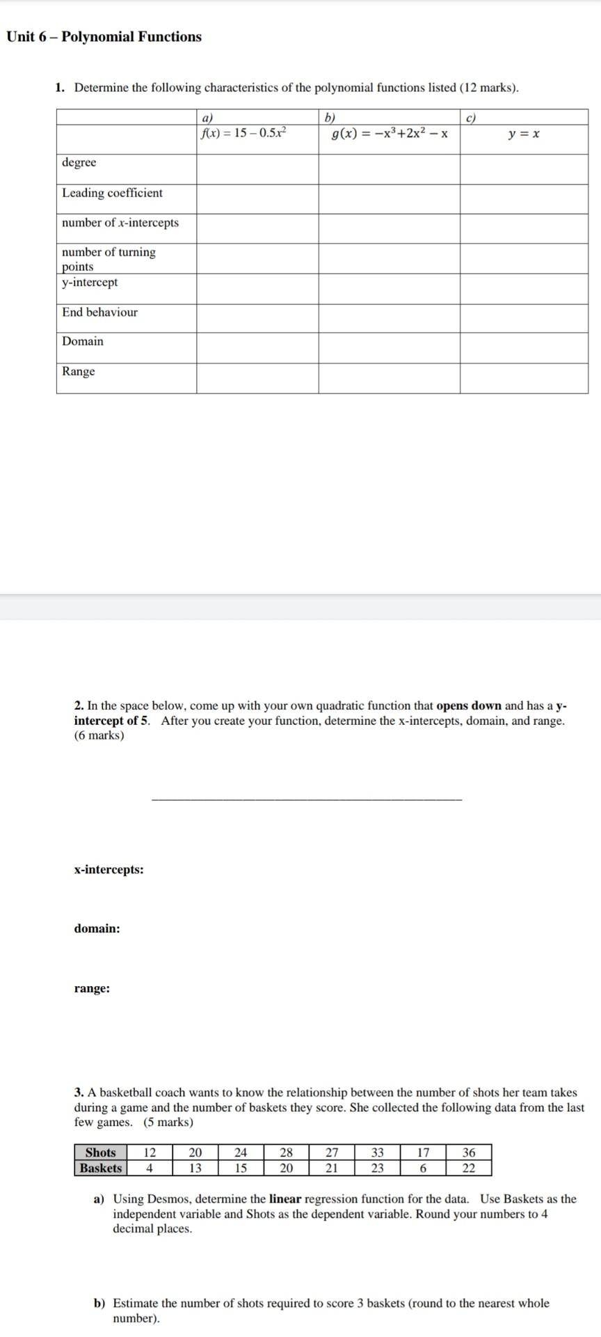 Solved Unit 6 - Polynomial Functions 1. Determine the | Chegg.com
