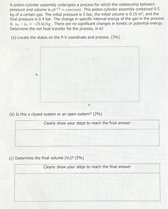 Solved A pistoncylinder assembly undergoes a process for