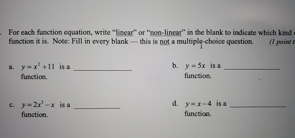 Solved For each function equation, write "linear" or | Chegg.com