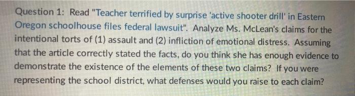 Solved Question 1: Read "Teacher terrified by surprise | Chegg.com