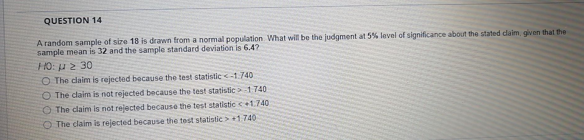 Solved QUESTION 14 A random sample of size 18 is drawn from | Chegg.com