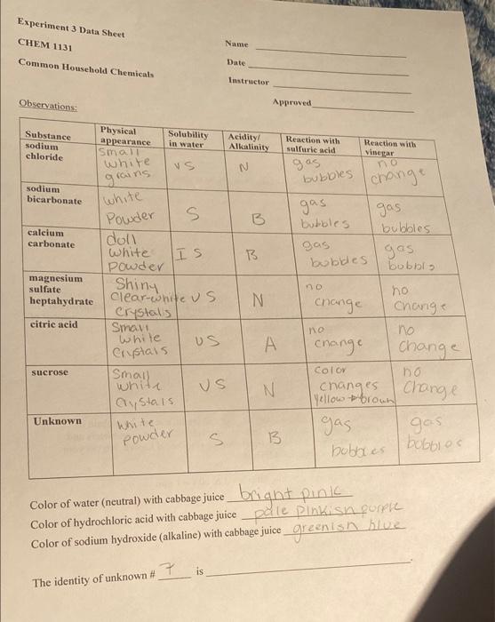 Solved Experiment 3 Data Sheet CHEM 1131 Name Common | Chegg.com