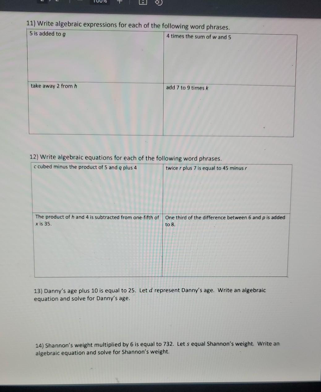 Solved LU070 11) Write algebraic expressions for each of the | Chegg.com