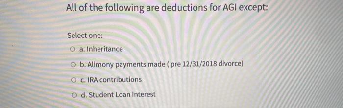 Solved All Of The Following Are Deductions For AGI Except: | Chegg.com