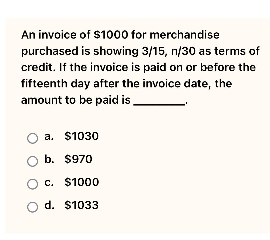 Solved An invoice of $1000 ﻿for merchandise purchased is | Chegg.com