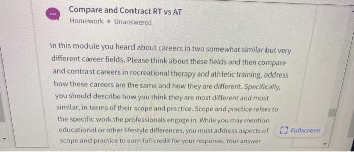 Compare and Contract RT vs AT Homework • Unanswered In this module you heard about careers in two somewhat similar but very d