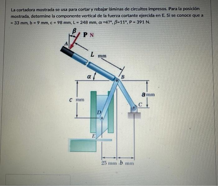 La cortadora mostrada se usa para cortar y rebajar láminas de circuitos impresos. Para la posición mostrada, determine la com