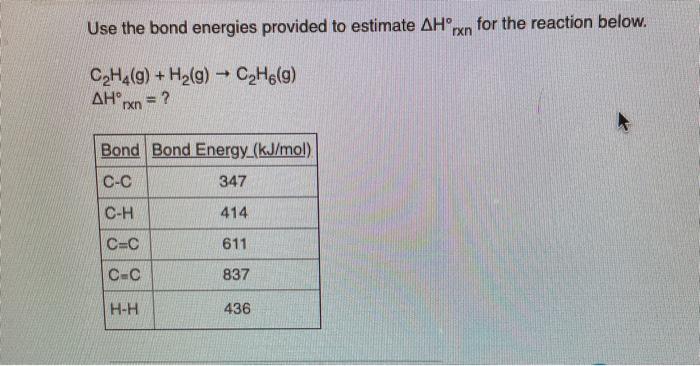 Solved Use the bond energies provided to estimate AH rxn for