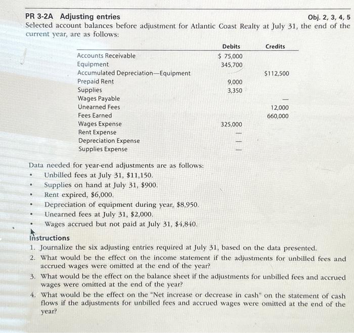 Solved PR 3-2A Adjusting entries Obj. 2,3,4,5 Selected | Chegg.com