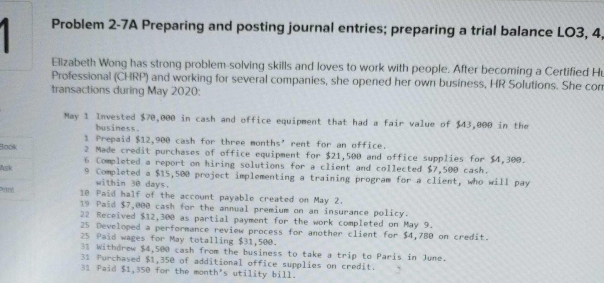 Solved Problem 2-7A Preparing and posting journal entries; | Chegg.com