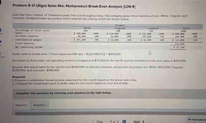 Solved Problem 6-21 (Algo) Sales Mix; Multiproduct | Chegg.com