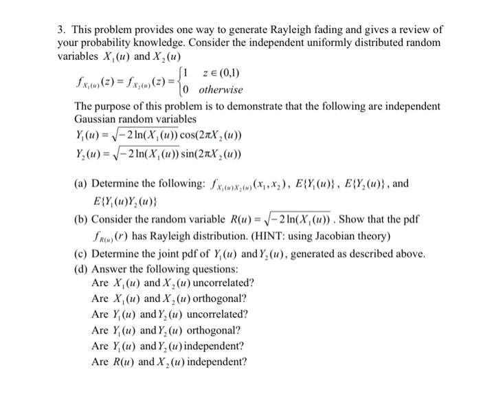 3. This Problem Provides One Way To Generate Rayleigh | Chegg.com