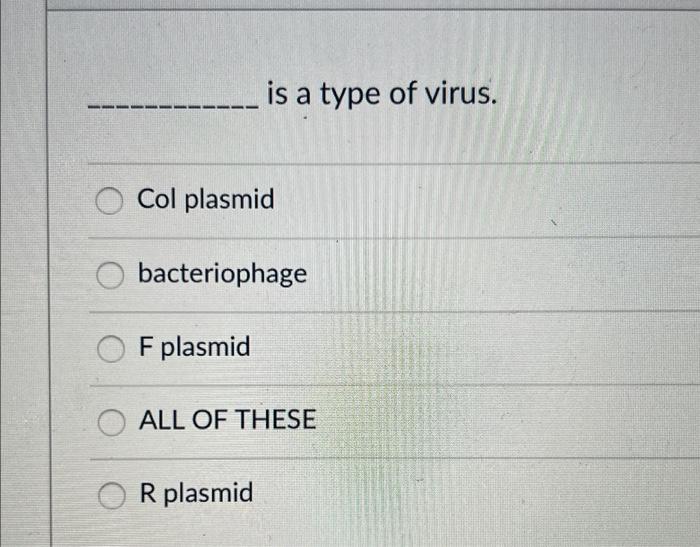 Solved is a type of virus. Col plasmid bacteriophage F | Chegg.com