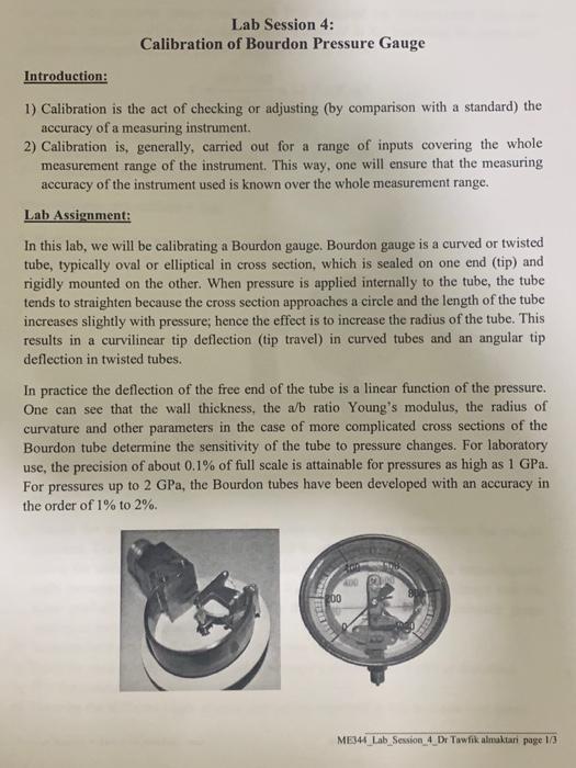 Solved Lab Session 4 Calibration of Bourdon Pressure Gauge