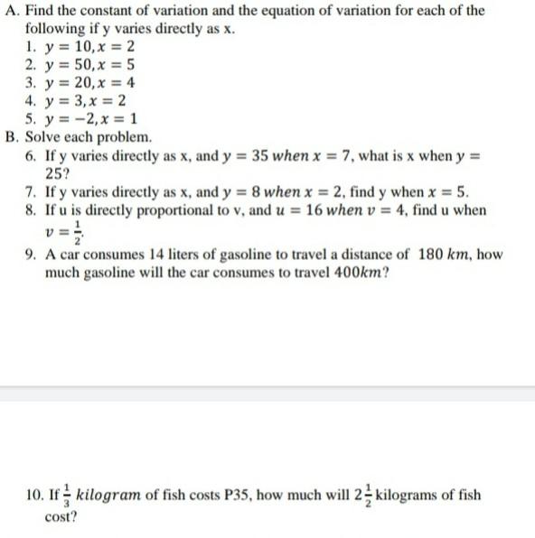 Solved TOPIC : DIRECT VARIATION Please Answer A. and B. if | Chegg.com
