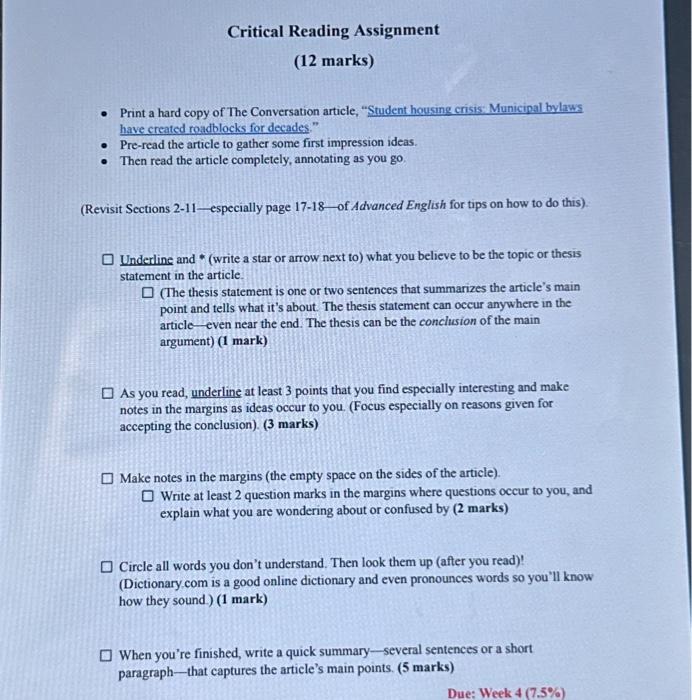 Critical Reading Assignment (12 marks) e Print a hard | Chegg.com