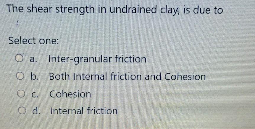 Solved The shear strength in undrained clay, is due to | Chegg.com
