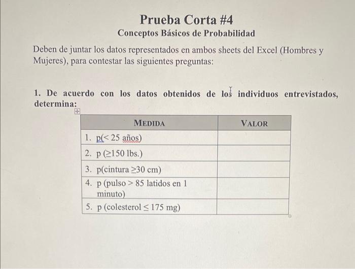 Conceptos Básicos de Probabilidad Deben de juntar los datos representados en ambos sheets del Excel (Hombres y Mujeres), para