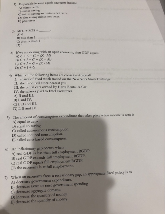 Solved 1) Disposable equals aggregate A) minus