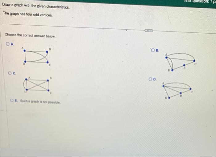 Draw a graph with the given characteristics.
The graph has four odd vertices.
Choose the correct answer below.
A.
c.
E. Such