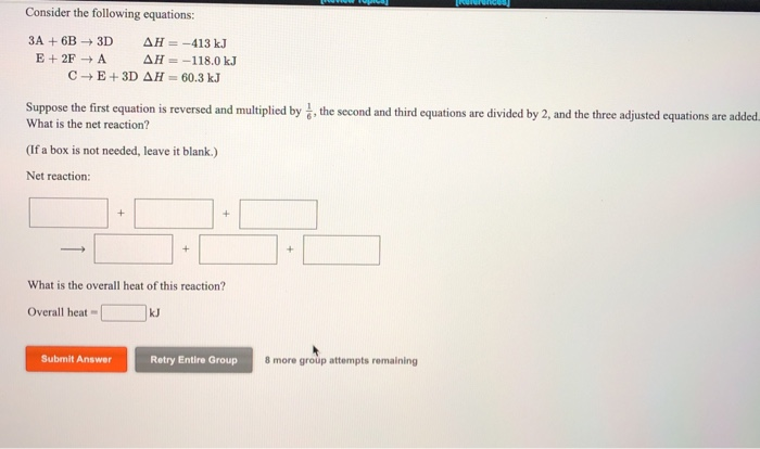 Solved NE Consider the following equations: 3A + 6B3D AH = | Chegg.com