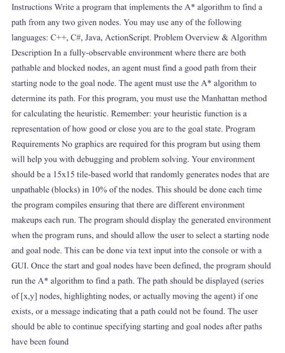 Solved Instructions Write a program that implements the A∗ | Chegg.com
