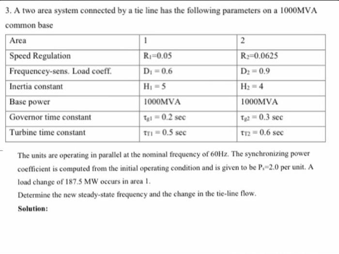 Solved 3. A two area system connected by a tie line has the