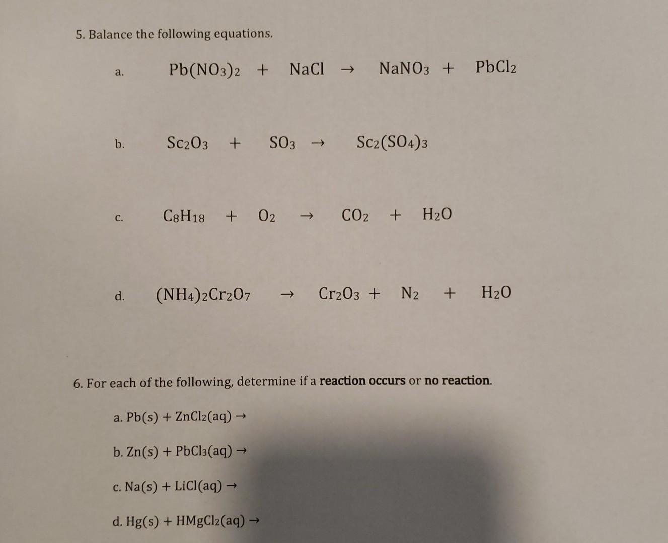 Solved 5. Balance The Following Equations. A. Pb(NO3)2 + | Chegg.com