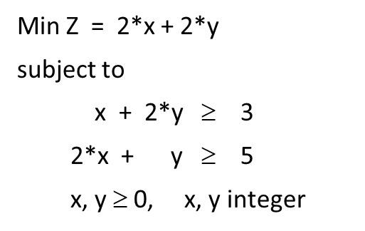 \( \begin{array}{l}\operatorname{Min} z=2 * x+2 * y \\ \text { subject to } \\ \qquad \begin{array}{l} x+2 * y \geq 3 \\ 2 *