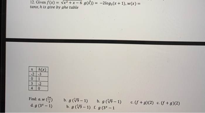 Solved 12 Given F X Vx2 X 6 G X 2log3 X 1 Chegg Com