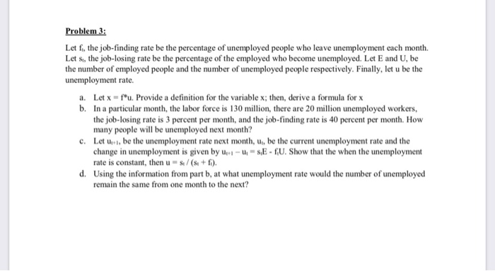 Solved Problem 3: Let f, the job-finding rate be the | Chegg.com