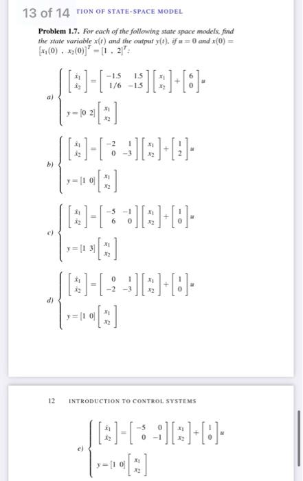 Solved 13 of 14 TION OF STATE-SPACE MODEL Problem 1.7. For | Chegg.com