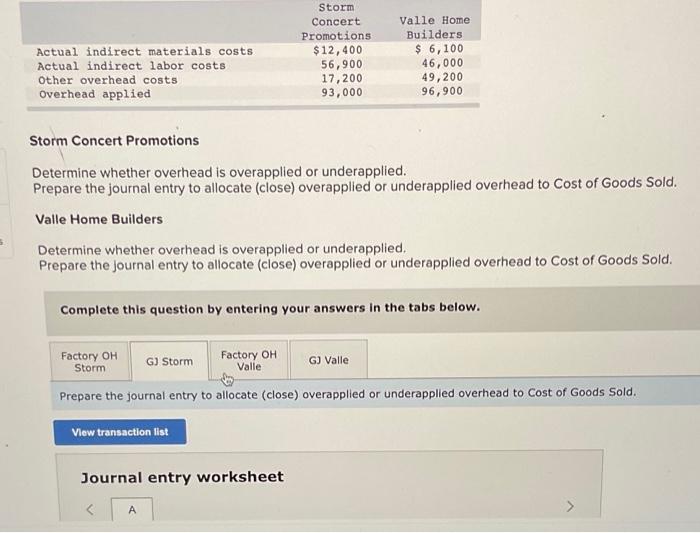 Storm Concert Promotions
Determine whether overhead is overapplied or underapplied.
Prepare the journal entry to allocate (cl