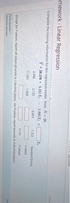 regression loss can't decrease · issue #662 ·... Solved Complete the missing information for this regression | Chegg.com
